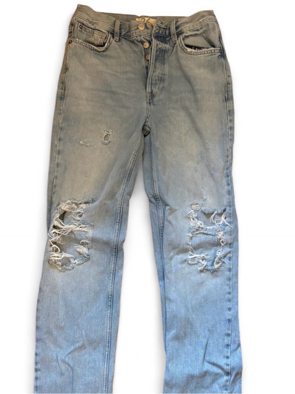 Free People Light Blue Distressed Straight Jeans